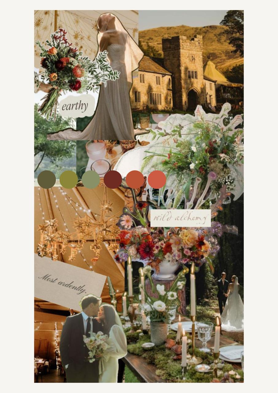 Wedding mood board showing earthy tones, wildflowers, candlelight and the venue